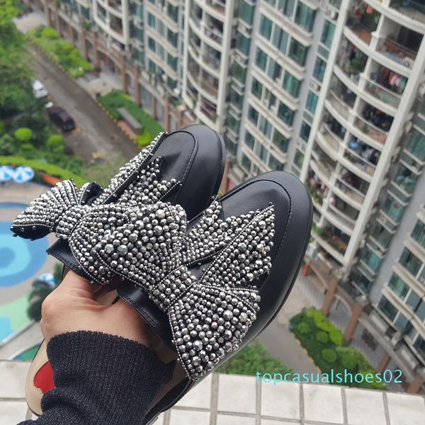 

2017 retro genuine leather fur slipper women round toe rhinestone diamond bowtie embellished flat shoes flip flop 35-40 t02, Black