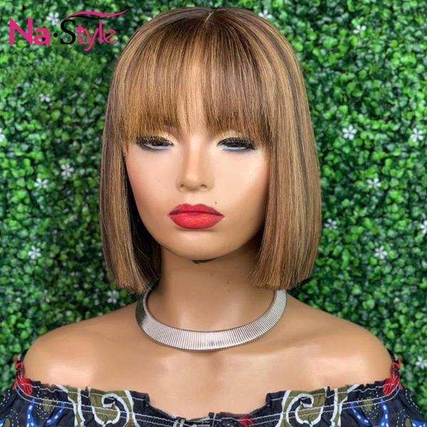 

13x6 blonde lace front wig with bangs human hair colored short human hair wigs pre plucked glueless pixie cut wig remy 150%, Black;brown