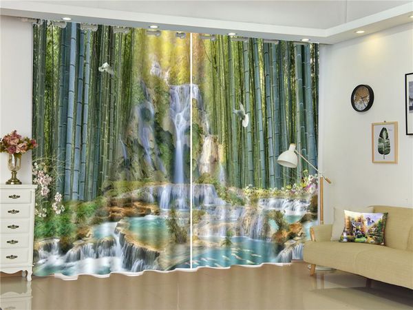 Bela Floresta de Bambu Grande Cachoeira 3D Paisagem Cortina Decoração de Interiores de Alta-classe Cortinas Finas