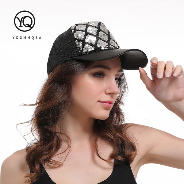 

casual women sequin baseball cap hat summer messy bun hip hop snapback female usa mesh sun hats adjustable wh119, Blue;gray