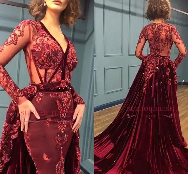 

maroon appliqued prom evening drseses attached train mermaid v neck formal party gown pageant dresses custom made, Black;red