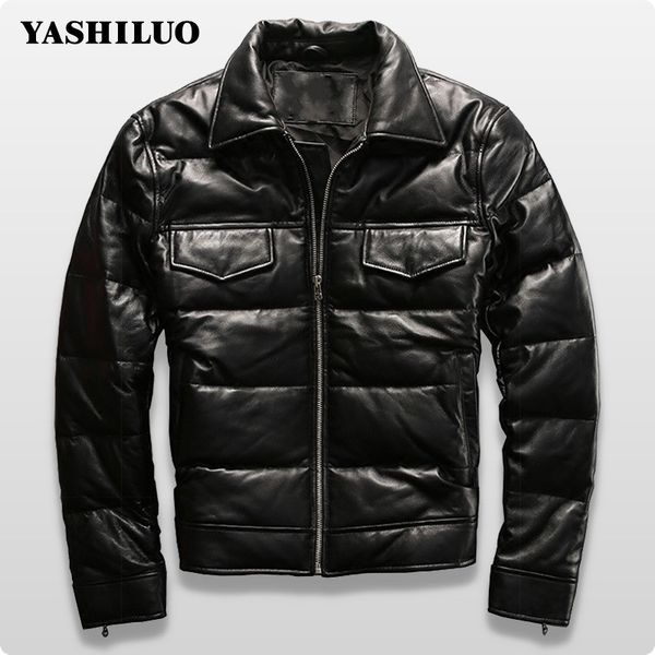 

2019 winter new sheepskin genuine leather short jacket casual mens turn down collar duck down coat chaqueta de cuero hombre, Black