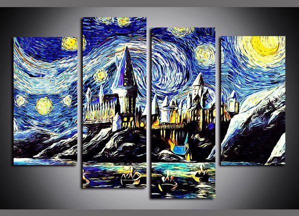 

4 panels van gogh starry night ocean castle artworks giclee canvas wall art for kid home wall decor poster canvas print oil painting