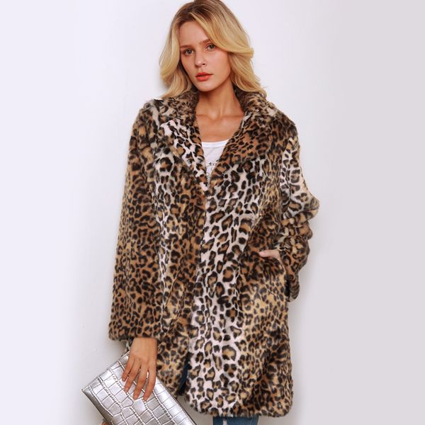 

luxury leopard long trench coat winter women thick warm fluffy faux fur greatcoat elegant turn down collar fur jacket outwear 3x, Black