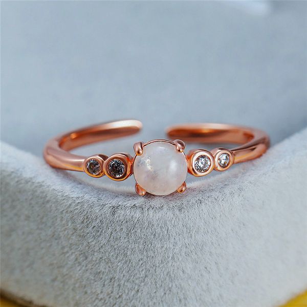 

boho female small round natural moonstone ring rose gold open adjustable ring love wedding engagement rings for women, Golden;silver