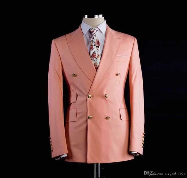 Двойной Брестед Mens Peach Groom Tuxedos Пик нагрудные Groomsmen 2 шт Свадебный костюм Шафер Пром Blazer (куртка + брюки)
