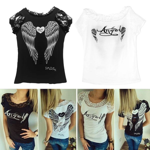 

women clothing women designer shirts womens t shirt back angel wings summer short style woman lace short sleeve t shirts, White