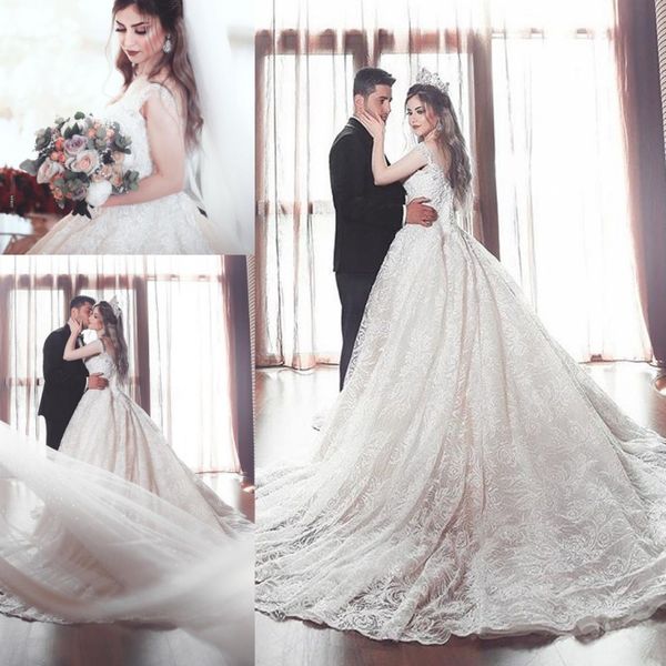 

luxury wedding dresses sheer v-neck spaghetti chapel train arabic middle east bridal gowns plus size customized, White