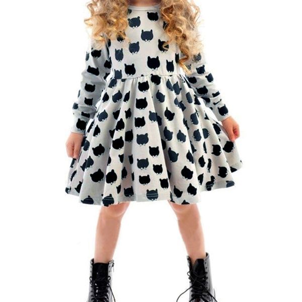 

cute girls kids cartoon cat print dress long sleeves elastic pleated a-line spring autumn dresses bm88, Red;yellow