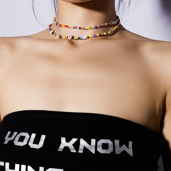 

двойной слой шикарные красочные бусины choker ожерелья любовь ожерелье из бисера для женщин модные лета богема ювелирных изделий бесплатная, Silver