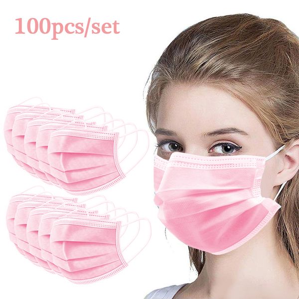 

in stock fedex 100pcs/set disposable face masks thick mouth cover dust protection mascherine elastic earloop non-woven pink respirator