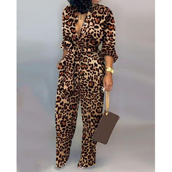 

women romper leopard tied waist long sleeve jumpsuit, Black;white