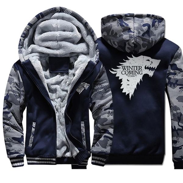 

game of throne jacket hoodies sweatshirt men house stark wolf zipper thick fleece winter is coming coats camouflage sportswear, Black
