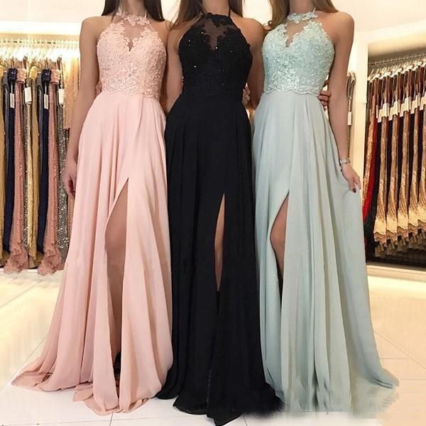 

2019 Chiffon Long Bridesmaid Dresses A-line Jewel Neck Halter Lace Applique Floor Length Draped Side Split Formal Evevning Gown Prom Dress