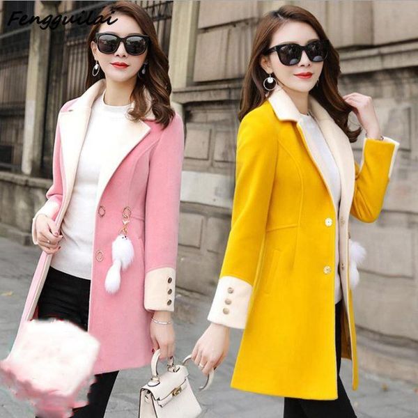 

winter slim large size yellow women woolen jacket 2020 new casual medium long solid color long sleeve women woolen jacket s-3xl, Black