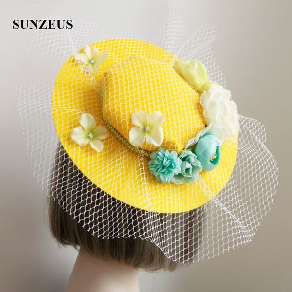 

bright yellow hats for girls flowers wedding hair accessories white tulle face veil holloween party hats sh10