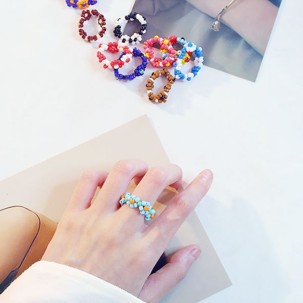 

30pcs/lot korea diy handmade beaded ring mixed color weaving flower index finger rings for promotion elastic hand jewelry accessories, Silver