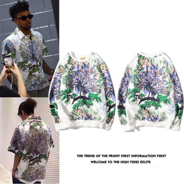 

peacock print bf wind cotton hoodie sweatshirt round neck fashion casual breathable sweater jacket men and women couple shirt m - xxl, Black