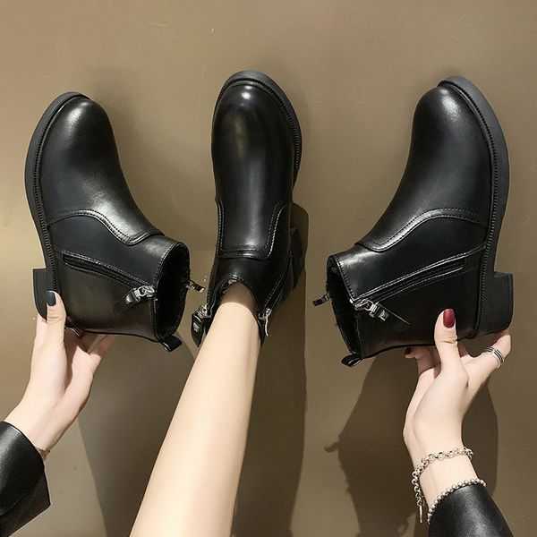 

winter boots lady booties ladies boots-women leather women's shoes zipper low heels booties clogs platform round toe luxury, Black