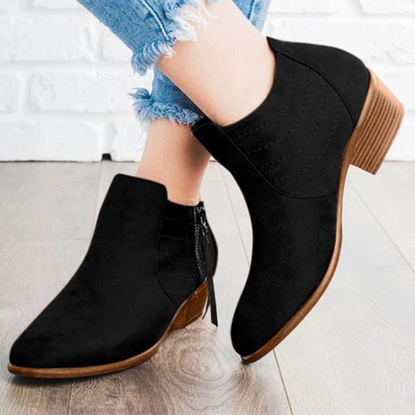 

solid boots ankle boot feminina pointed toe square heel winter women boots flock slip-on low heel basic black rubber #0815