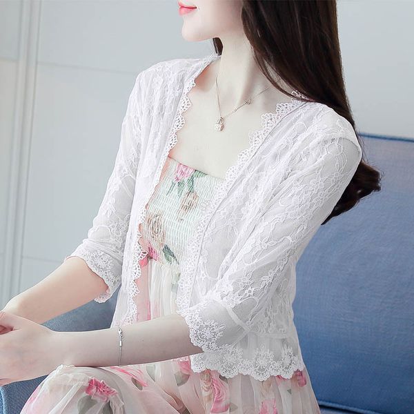 

mlxslky small shawl female summer thin short coat cardigan short fashion lace chiffon womens sun protection cardigan, White