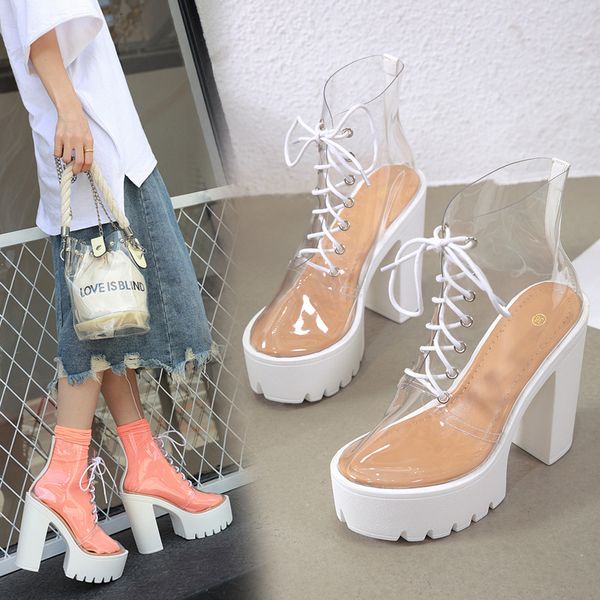 

2020 sandals high heels pvc shoes espadrilles platform suit female beige round toe women's for lace up sandals plastic black
