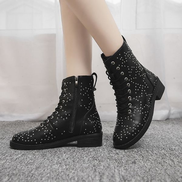 

women ankle boots rivets pu leather zipper med heel black female shoes studded decorated lace up ladies motorcycle boots