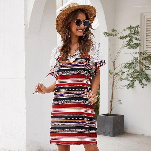 

lace hollow out casual new fashion womens dresses shoot seelve crew neck striped patchwork print womens dress, Black;gray