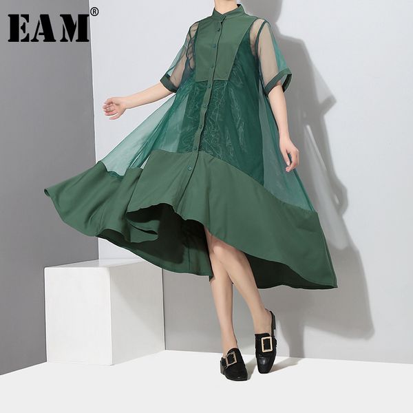 

eam] 2020 новый весна лето стенд воротник с коротким рукавом зеленый нерегулярные подол органза из двух частей платье женская мода tide jt5, Black;pink