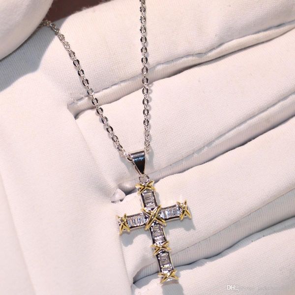 

sell original brand new luxury jewelry 925 sterling silver princess cut white z separate color cross pendant luucky chain neklace