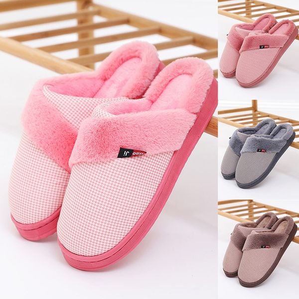 

couple models striped non-slip warm home plush cotton slippers solid color casual indoor floor slippers warm women #t, Black