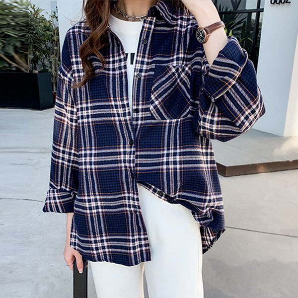 

women vintage all-match plaid blouse spring pocket cardigans loose full sleeved checked shirts camisas femininas 2020, White