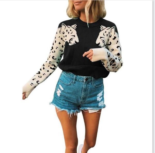 

дизайнер тонкий женский леопардовый свитер круглый вырез модный пуловер с длинными рукавами топы женский лоскутный печатный свитер, White;black