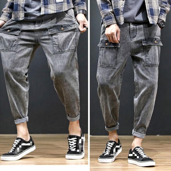 

men's jeans mens cargo pants casual stretch pockets denim bottoms harajuku long trousers, Blue