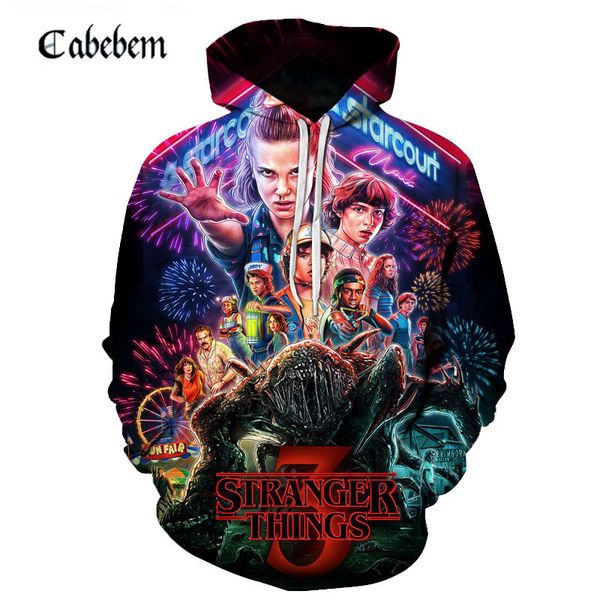 

2019 men hoodie strangers season 3 sweatshirt tv series strangers things 3d print loose hoodies men women trend hoodies, Black