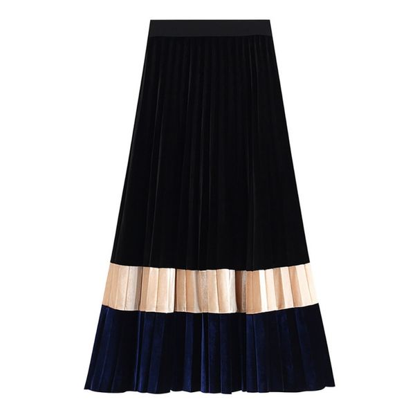 

sweet autumn winter pleated skirt high waist elastic stitching color gold velvet long winter skirts, Black