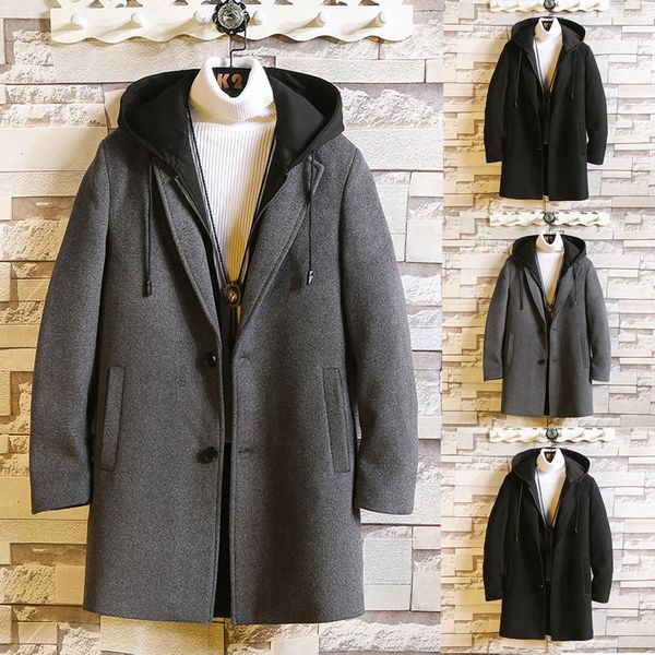 

men's autumn and winter new fashion wool long detachable hooded coats streetwear windproof overcoat chaqueta de los hombres#3, Black