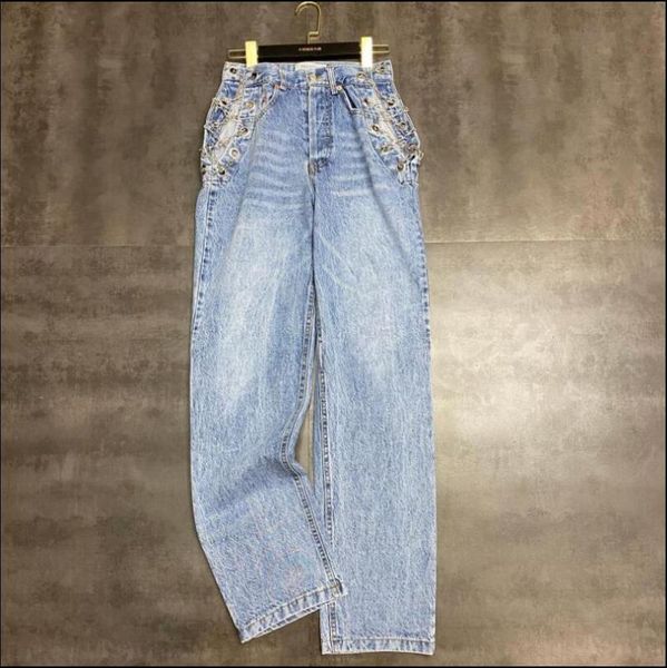 

2020 summer new streetwear jeans high waist hollow chain denim straight pants women cool jeans trousers loose pants, Blue