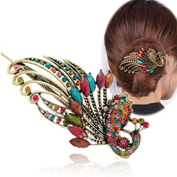 

bohemia rhinestone peacock hairpin animal alloy resin pin for women female barrette hairclips bridal jewelry hair accessories