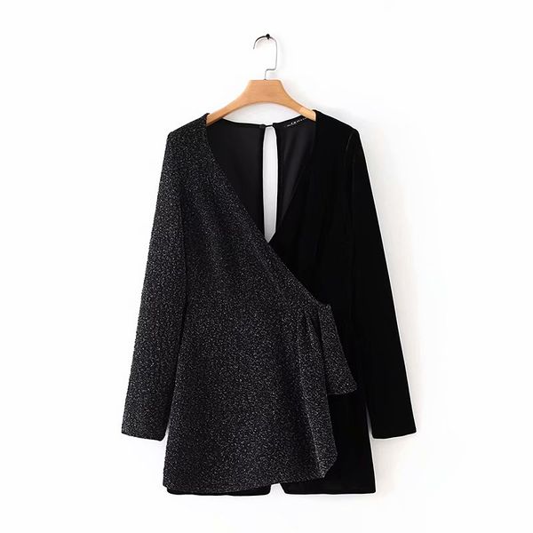 

2020 women cross v neck metallic color patchwork velvet jumpsuits ladies conjoined shorts chic club party siamese ds3198, Black;white