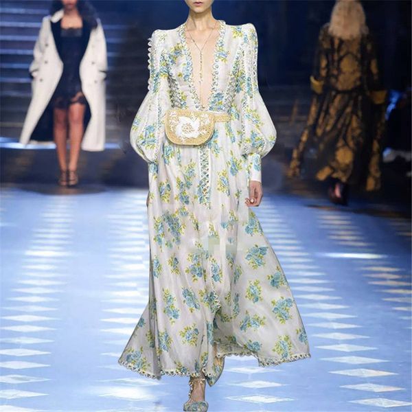 

2019 spring women vintage dress full sleeve v-neck light green flower dresses women high waist side fork party dress, Black;gray