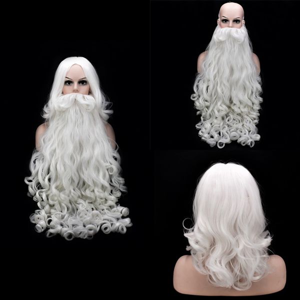 

santa beard white old man mustache christmas wig long curly beard, white beard and hair wig for cosplay and party dress up, Black