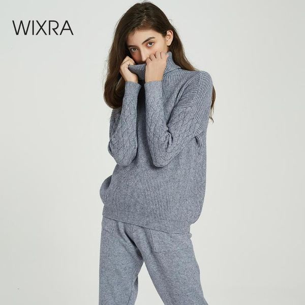 

wixra women's sweater sets turtleneck casual long sleeve jumpers +knit long pants 2 pieces sets 2019 autumn winter, White