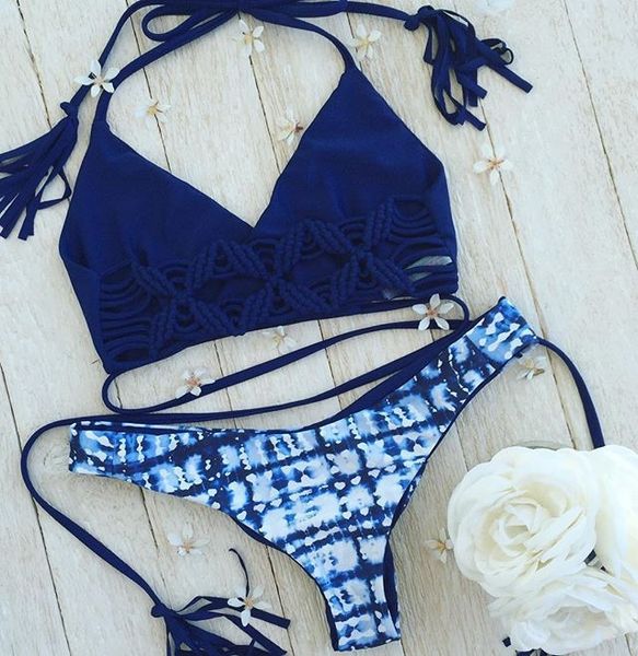 

bandage women's blue braided woven rope bikini swimsuit rope bikini printed split swimsuit n17, White;black