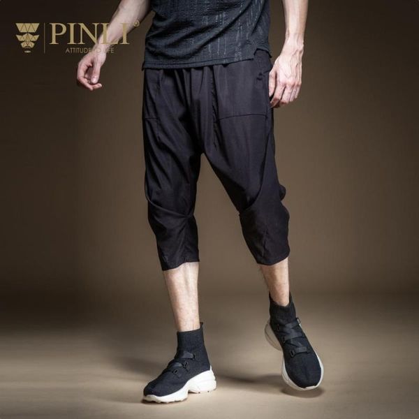 

pinli 2020 summer new slim solid color nylon pencil pants casual men refreshing capri pants fashion b202417281, Black