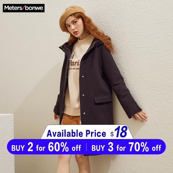 

metersbonwe 2019 women woolen winter coat outerwear hooded clothing lady coat simple and stylish warm, Black