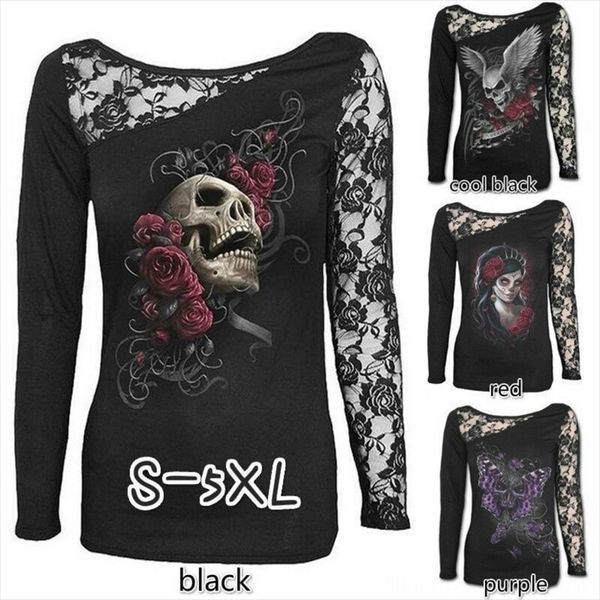 

round collar skull long sleeve patchwork t-shirt lace lace t-shirt 9 colors, White