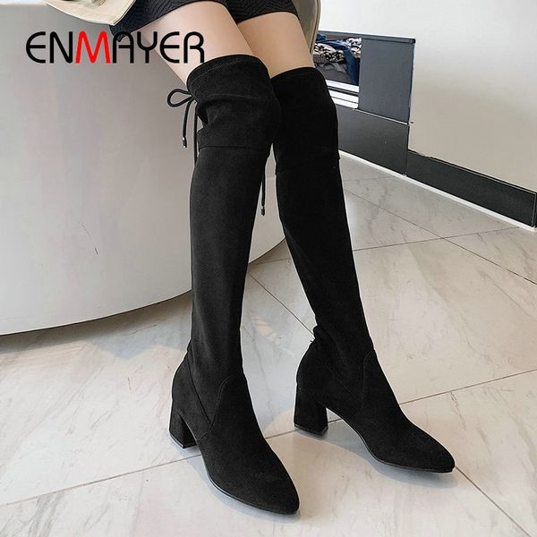 

enmayer 2019 faux suede slim boots faux suede over-the-knee round toe winter boots women hoof heels women size 34-39, Black