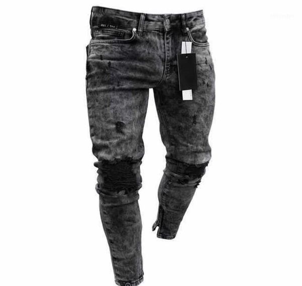 

spring and summer new men's skinny jeans snowflake casual slim zipper pants men's jeans1, Blue