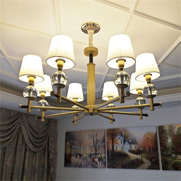 

american chandelier copper crystal living room lamp nordic chandelier fabric lamp shade european post-modern atmospheric lighting